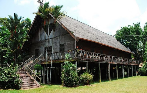 Vue d'une maison longue traditionnelle Dayak en bois sur pilotis, entourée de verdure à Kalimantan, Bornéo.