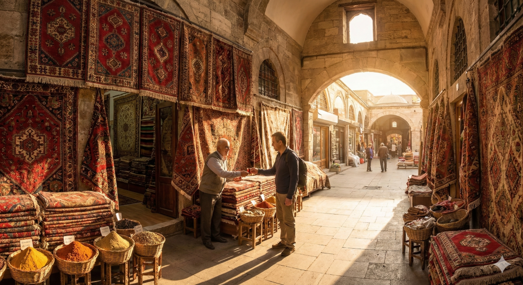 Commerçant du Grand Bazar d'Istanbul partageant un thé traditionnel avec un voyageur.
