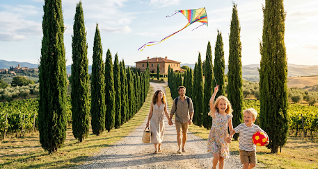 Famille explorant la campagne toscane au coucher du soleil, symbolisant la liberté du voyage.